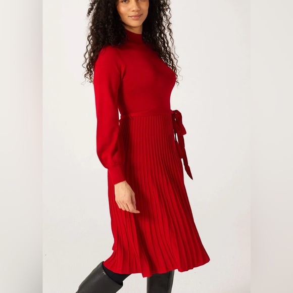 Nina Leonard Dress L Red Sweater Knit Pleated Midi Long Sleeve Belted - Picture 1 of 10